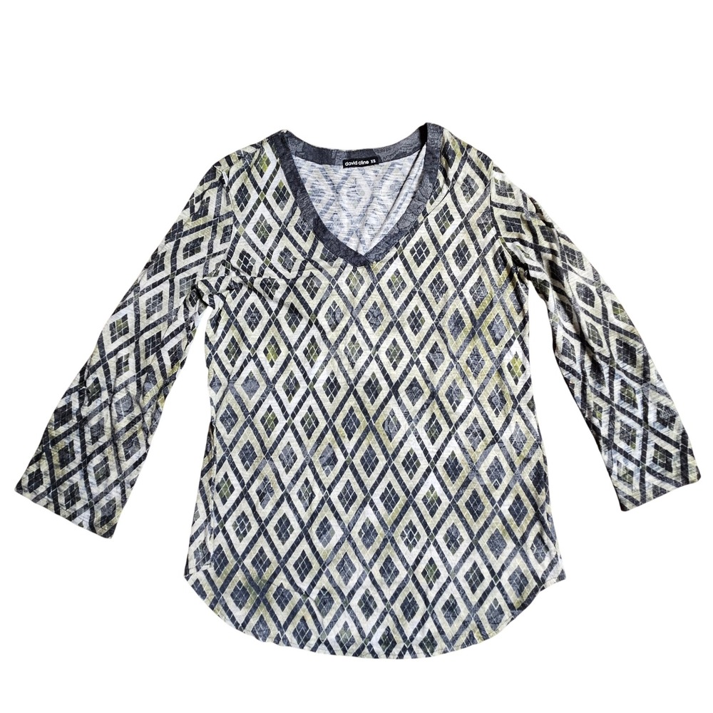 David Cline Geometric Diamond Print Long Sleeve Tunic Top XS Travel Chic Artsy